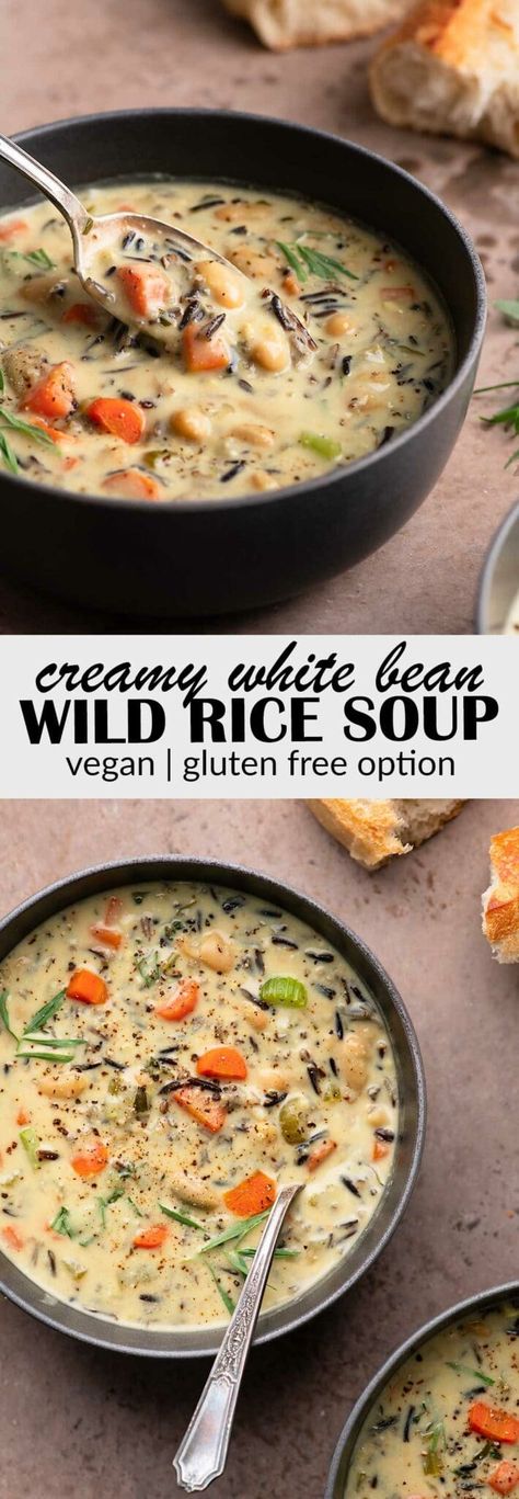 This white bean and wild rice soup is naturally vegan and can be made gluten free. It's so creamy and flavorful, and tastes even better the next day so be sure to make extra! Chickpea And Wild Rice Soup, Wild Rice Soup Crockpot Vegetarian, Rice And Bean Soup Recipes, Vegan Wild Rice Soup Recipes, Vegan Chicken Wild Rice Soup, Potato Wild Rice Soup, White Bean Wild Rice Soup, Rice And Beans Soup, Vegan Creamy Wild Rice Soup