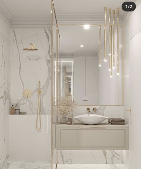 Glamour Bathroom, Marble Bathroom Designs, White Marble Bathrooms, Sophisticated Bathroom, Bathroom Decor Luxury, Small Bathroom Makeover, Bedrooms Decor, التصميم الخارجي للمنزل, Bathroom Design Decor