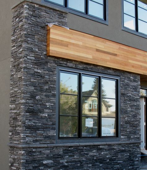 Stacked Stone - Dark Rundle - Ecostone ... Stone Siding Exterior, Stacked Stone Fireplaces, Stone Exterior Houses, Stone Wall Design, Stone Wall Cladding, House Cladding, Bungalow Exterior, Stone Facade, Stone Panels