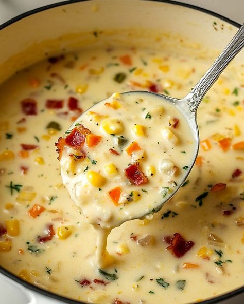 Creamy Corn Chowder Recipe, Creamy Corn Chowder, Soup Sunday, Corn Chowder Soup, Bacon Corn Chowder, Bacon Potatoes, Recipe With Bacon, Seasoned Fries, Corn Chowder Recipe