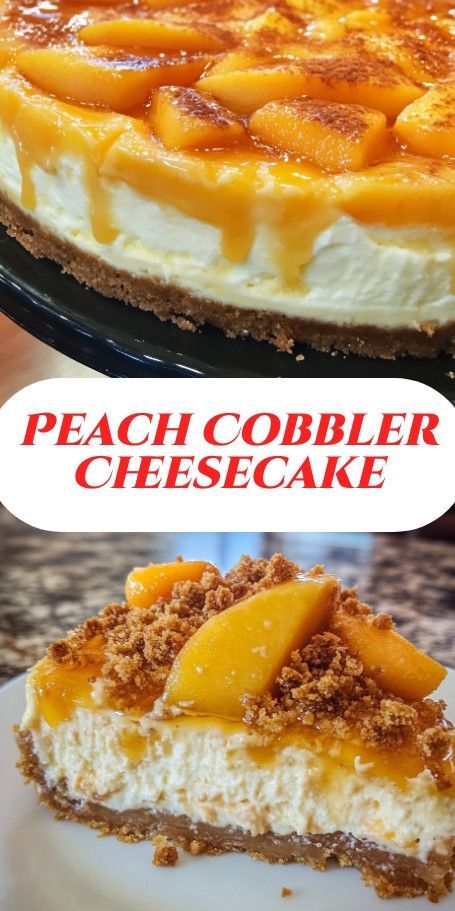 Peach Cobbler Cheesecake - A delightful blend of creamy cheesecake and sweet peach cobbler, this dessert is perfect for summer! Made with graham cracker crust, creamy cheesecake layer, and topped with a delicious peach cobbler topping. Garnish with whipped cream and cinnamon sugar for the perfect touch. #PeachCobbler #Cheesecake #SummerDessert Peach Cobbler Topping, Peach Cobbler Cheesecake Recipe, Peach Cobbler Cheesecake, Cheesecake Delight, Chocolate Swirl Cheesecake, Pumpkin Swirl Cheesecake, Peach Cheesecake, Cheesecake Layer, Sugar Cookie Crust