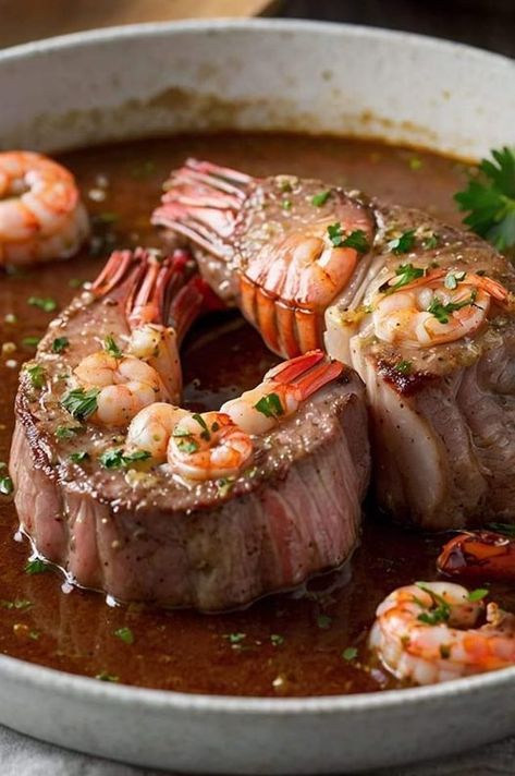 Steak with Shrimp & Lobster Sauce - kingcareers.net Steak With Shrimp, Lobster Sauce, Beef Rib, Lobster Meat, Onion Gravy, Rib Eye, Salisbury Steak, Beef Ribs, Beef Broth