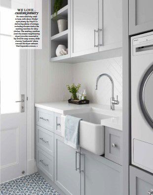 WE LOVE... custom joinery (Home Beautiful), 06 Feb 2023 Hampton Style Laundry, Butlers Laundry, Pastel Laundry Room, Hamptons Laundry, Euro Laundry, Butlers Sink, Hamptons Style Laundry, Lake Kitchen, Hamptons Style Home