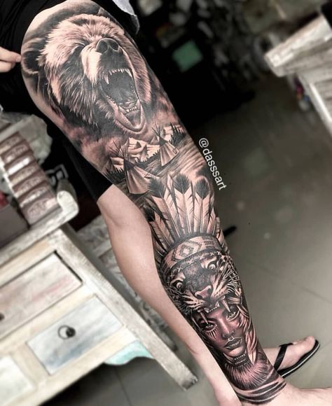 Calf Sleeve Tattoo, Indian Skull Tattoos, Indian Tattoo Design, Tattoo Homme, Best Leg Tattoos, Animal Sleeve Tattoo, American Indian Tattoos, Full Leg Tattoos, Native American Tattoos