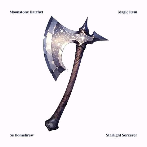 A weapon that finds its strength beneath the night sky . . . #moonstone #hatchet #handaxe #commonmagicitem #magicitem #starlightsorcerer #dnd5e #homebrew5e Mythical Items, Paladin Dnd, D D Items, Cool Swords, Arm Armor, D&d Dungeons And Dragons, Drawing Templates, Fantasy Armor, Dungeon Master