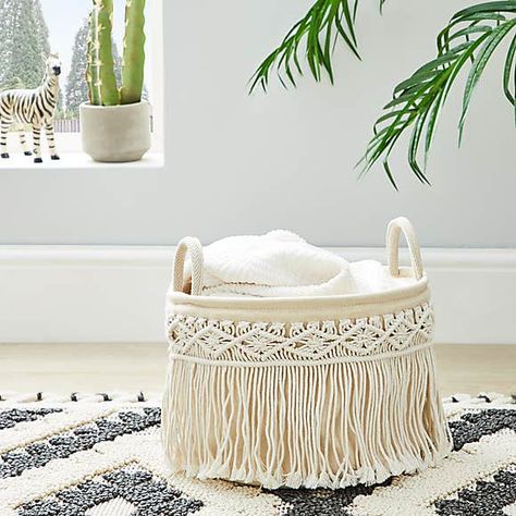 Macrame Cream Storage Basket | Dunelm Macrame Storage Baskets, Macrame Baskets, Macrame Storage, Plant Bedroom, Dunelm Bedding, Living Simple Life, Macrame Basket, Macrame Hanging Chair, Cotton Basket