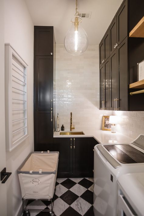 How We Did a Laundry Room Makeover from Builder Basic to Custom Tricorn Black Cabinets, Checkerboard Floors, Room Tiles Floor, Black Marble Floor, Cost Of Countertops, Garage Laundry Rooms, Laundry Room Tile, White Laundry Rooms, Small Laundry Room Makeover