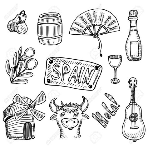 Spain Scrapbook, Spanish Drawings, Spain Drawing, Drawing Project Ideas, Drawings Ideas Easy, Doodle Techniques, Babymoon Photos, Simple Sketch, Spain Trip