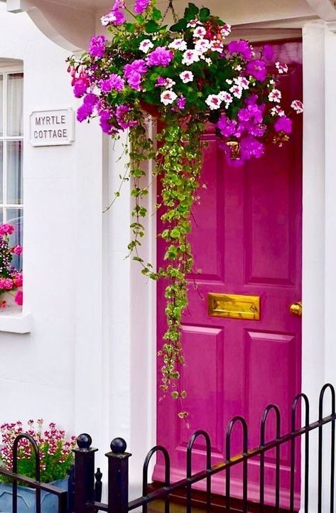 Bright Front Door Colors, Door With Flowers, Pink Doors, Pink Front Door, Beautiful Front Doors, Flowers Hanging, Door Colors, Pink Door, Painted Front Doors