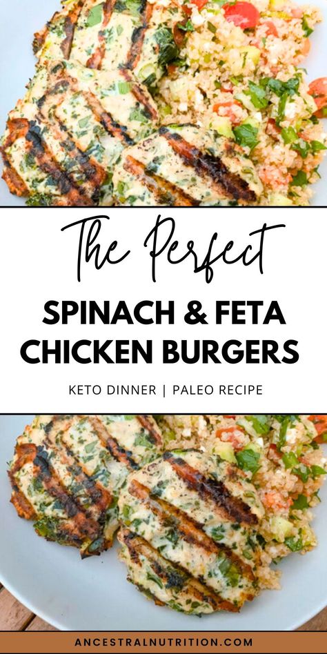 Try these anti-inflammatory Spinach & Feta Chicken Burgers made with wholesome ingredients like ground chicken, fresh spinach, and creamy feta. Paleo, low-carb, and perfect for Mediterranean diet followers, they make meal prep a breeze. Save for clean eating inspiration! High Protein Meals Paleo, Healthy High Protein Meals Dinners Low Carb Recipes, Healthy High Protein Meals Low Carb, Low Carb Chicken Meal Prep, Easy High Protein Gluten Free Meals, High Protein Whole 30 Recipes, High Protein Gluten Free Dinner, Dinner Ideas High Protein Low Carb, Low Carb High Protein Dinner Recipes