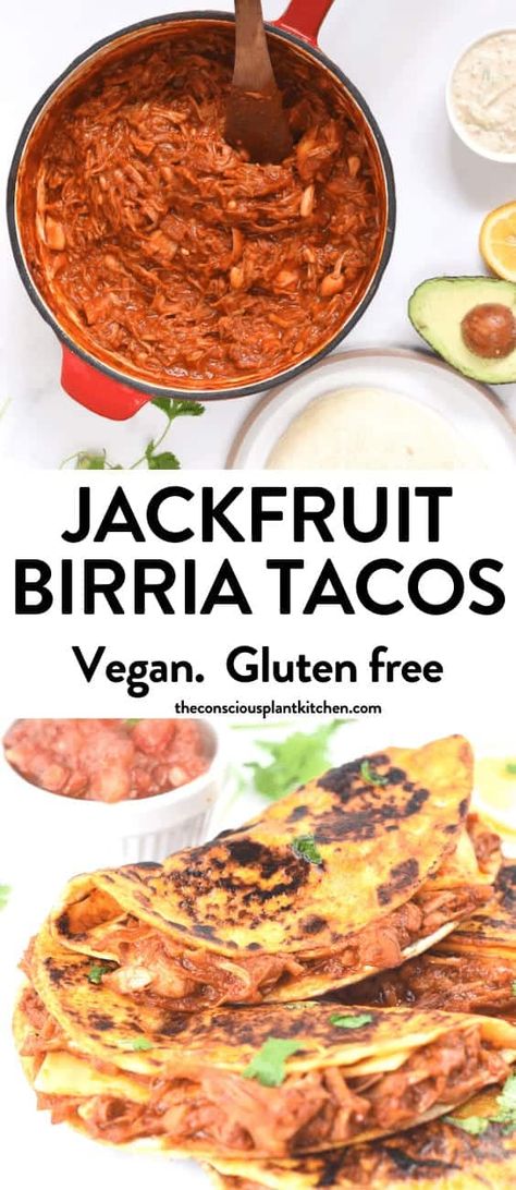 Jackfruit Mexican Recipes, Vegetarian Jackfruit Recipes, Can Jackfruit Recipes, Vegan Birria Tacos Jackfruit, Jackfruit Birria Tacos, The Conscious Plant Kitchen, Canned Jackfruit Recipes, Jackfruit Birria, Vegan Jackfruit Recipes