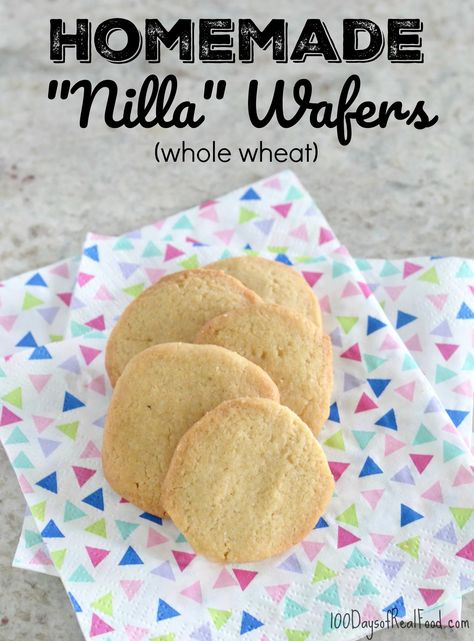 These homemade Nilla Wafers come really close to the original in both taste and texture, without all the bad ingredients. Get the recipe & give them a try! Buddy Bars, Nilla Wafer Recipes, Whole Wheat Cookies, Whole Food Desserts, Nutty Buddy, Clean Desserts, Real Food Snacks, 100 Days Of Real Food, Clean Dessert