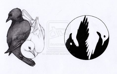 Raven/Dove Yin-yang Samples by UnicornCrest on DeviantArt Raven Dove Tattoo, Dove Raven Tattoo, Doves And Ravens Fly The Same Tattoo, Dove And Crow Tattoo, Yin Yang Bird Tattoo, Dove And Raven Tattoo, Raven And Dove Tattoo, Drum Painting, Bird Of Paradise Tattoo