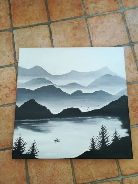 Mountains And Water Painting, Large Painting Ideas Easy, Misty Mountains Painting Acrylic, Black And White Mountain Art, Black And White Watercolor Painting Landscape, Black And White Nature Painting, Black And White Canvas Art Acrylic Paintings, Black And White Painting Ideas Easy, Canvas Painting Ideas Mountains