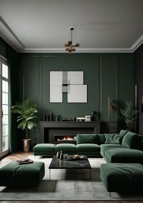 Emerald And Black Living Room, Dark Green Aesthetic Living Rooms, Dark Green Lounge Ideas, Black Green Gold Living Room, Dark Green Sofa Living Room, Black And Green Living Room, Green And Black Living Room, Luxury Living Room Designs Classy, Emerald Green Interior