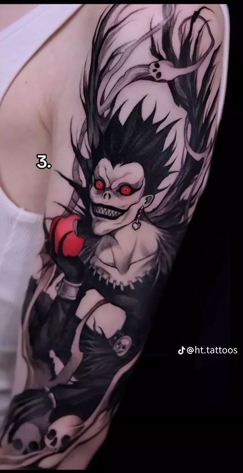 Deathnote Tattoo, Shinigami Tattoo, Ryuk Tattoo, Chest Tattoo Stencils, Takeshi Obata, Cute Thigh Tattoos, Tsugumi Ohba, Emo Tattoos, Gamer Tattoos