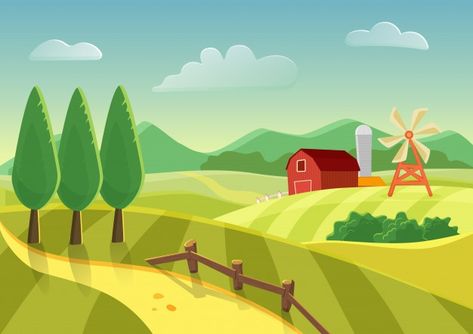 Champ De Paysage Agricole De Dessin Anim... | Premium Vector #Freepik #vector #nature #ferme #paysage #appartement Farm Cartoon Background, Farm Cartoon, Landscape Field, Country Backgrounds, Background Landscape, Farm Landscape, Field Landscape, Cartoon Background, Landscape Illustration