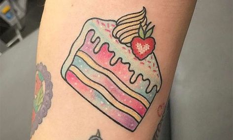 Piece Of Cake Tattoo, Vintage Cake Tattoo, Cake Tattoo Ideas, Bright Colorful Tattoos, Baking Tattoo, Cake Tattoo, Tattoo Cake, Cupcake Tattoos, Realistic Fake Tattoos