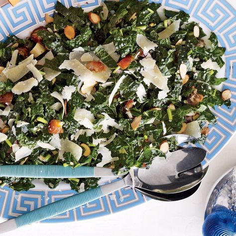 Kale Salad with Dates, Parmesan and Almonds Recipe | Epicurious Salad With Dates, Lunch Bowls, Food Salad, Savory Salads, Healthy Holiday Recipes, College Education, Kale Recipes, Winter Salad, Healthy Holidays