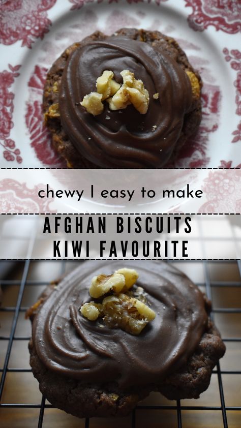 Afghan Biscuits are from New Zealand, they're soft chocolate biscuits topped with chocolate icing and walnuts. Cornflakes make it deliciously chewy. Afghan Biscuits New Zealand, Afghan Biscuits, Flake Chocolate, Homemade Sausage Rolls, Quick Cookies Recipes, Baking Quotes, Chocolate Biscuits, Chocolate Icing, How Sweet Eats