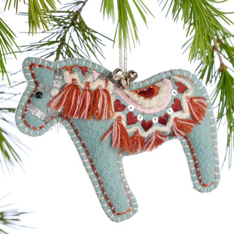 Wool Embroidered Swedish Dala Horse Ornament - World Market World Market Christmas, Swedish Christmas Decorations, Wool Project, Swedish Heritage, Embroidered Christmas Ornaments, 2024 Lookbook, Swedish Dala Horse, Embroidered Horse, Unique Christmas Ornaments