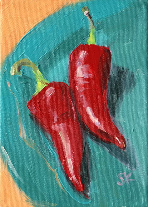 Desen Realist, Oil Pastel Art, Food Painting, Acrylic Painting For Beginners, Fruit Painting, Simple Acrylic Paintings, Red Hot Chili Peppers, Chili Peppers, Beginner Painting