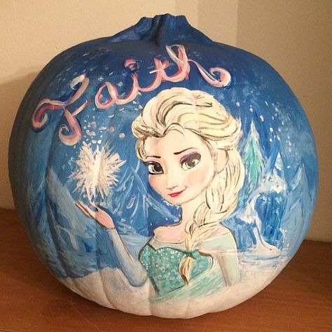 Paint a Frozen friend on the face of the pumpkin, and let your little one put their signature on it. Elsa Pumpkin Painting, Elsa Pumpkin Carving, Elsa Pumpkin, Disney Characters Elsa, Disney Pumpkins, Olaf Drawing, Elsa Halloween, Elsa Halloween Costume, Disney Pumpkin Painting