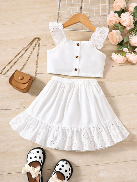 White Cute Collar Sleeveless  Plain  Embellished Non-Stretch  Toddler Girls Clothing Frock Design For Stitching, Cute Outfits With Shorts, Girls Dresses Diy, Ruffle Trim Top, Kids Frocks Design, Eyelet Embroidery, Kids Designer Dresses