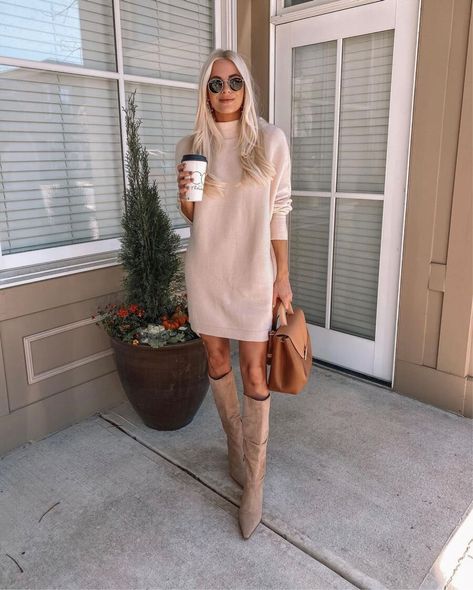 Taupe Boots Outfit, Kathleen Post, Knee Boots Outfit, Casual Turtleneck, Mock Neck Sweater Dress, Sweater Dress Outfit, Sweater Dress Oversized, Black Sweater Dress, Fabulous Clothes