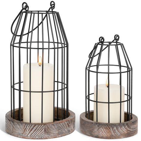 PRICES MAY VARY. 【Rustic Farmhouse Accent】Crafted from 100% natural wood and sturdy metal, the farmhouse lanterns decorative set has a rustic and vintage look that creates the perfect piece for any style. The decorative candle lantern set of 2 is an enchanting way to add a comfortable, inviting touch to your space. 【Versatile Candle Lantern】Featuring a white washed finish and birdcage design, this vintage lantern set of 2 is perfect for year-round decorating. Use this lantern candle holder set t Decor For Fireplace Mantle, Lantern Decor Diy, Decor For Fireplace, Farmhouse Lantern Decor, Kitchen Coffee Table, Real Candles, Faux Ivy, Coffee Table Centerpiece, Farmhouse Lantern