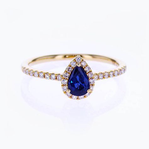 Blue Sapphire Engagement Ring Pear, Pear Sapphire Engagement Ring, Sapphire Engagement Ring Gold, Blue Sapphire Engagement Ring Halo, Sapphire Halo Engagement Ring, Wedding Ring Dainty, Vision Bored, Sapphire Halo Ring, Sapphire Wedding Ring