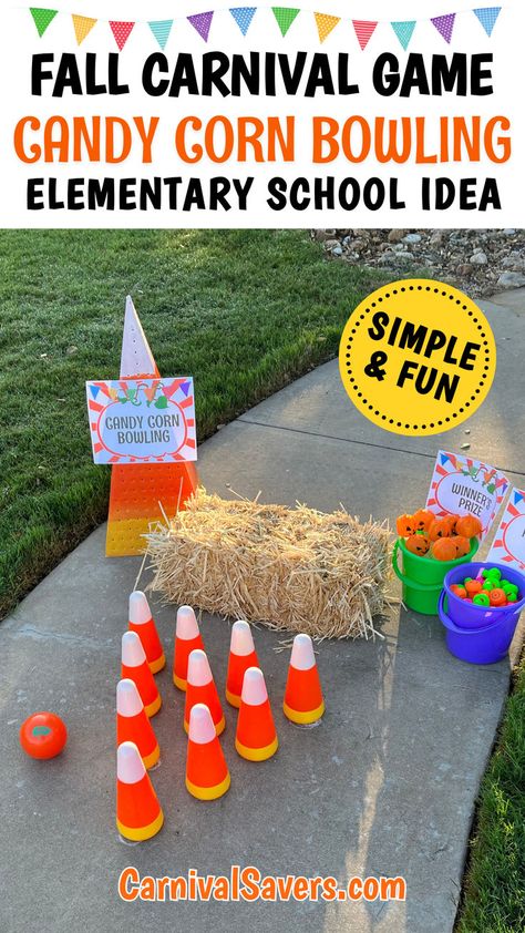 image shows a fall-themed bowling game idea for an elementary fall carnival Candy Corn Ring Toss Game Diy, Fall Festival Bowling Game, Games For School Carnival, Harvest Feast Games, Candy Corn Bowling, Carnival Fall Festivals, Thanksgiving Festival Ideas, Halloween Bowling Game, Pumpkin Bowling Game Fall Festivals