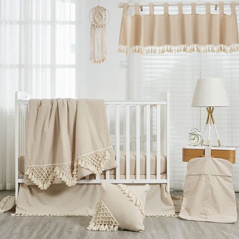 Brandream Gender Neutral Boho Bohemian Baby Girl Boy Nursery Crib Bedding Set - 6pc - Solid Color Beige Farmhouse Chic Unisex Minimalist Tassel Fringe Macrame 100% Washed Cotton Room Inspiration Boho, Beige Farmhouse, Boho Crib Bedding, Girl Nursery Crib, Baby Boy Bedding Sets, Beige Nursery, Baby Crib Sets, Girl Crib Bedding Sets, Neutral Crib