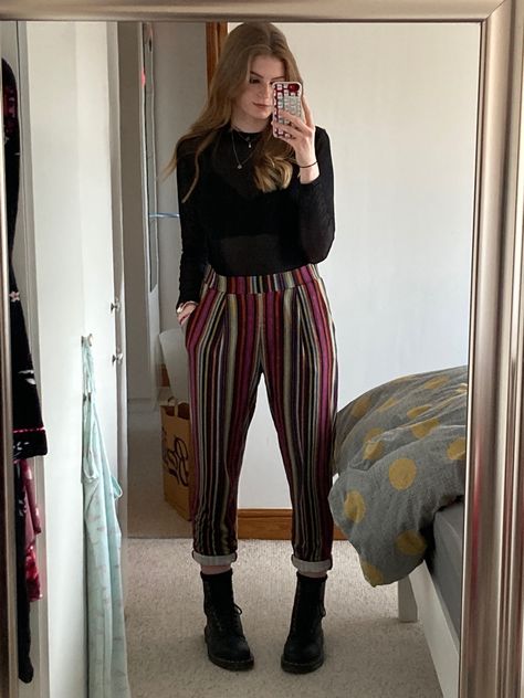 outfit inspiration! outfit of the day is black turtleneck and multicoloured striped trousers with doc martens Striped Trousers, Black Turtleneck, Inspired Outfits, Doc Martens, Striped Pants, Outfit Of The Day, Outfit Inspirations, The Day, Turtle Neck