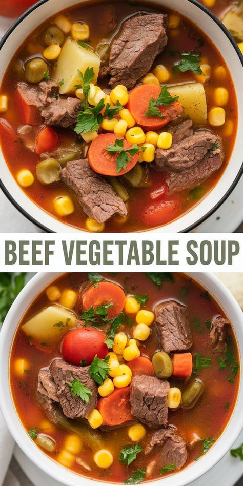 Hearty and comforting, this Beef Vegetable Soup is packed with tender beef, fresh vegetables, and a flavorful broth. A one-pot wonder perfect for chilly days! Best Vegetable Beef Soup Recipes Ever, Vegetable Soup With Beef Tips, Vegetable Soup With Stew Meat Crock Pot, Gluten Free Vegetable Beef Soup, Vegetable Beef Soup Recipes, Veg Beef Soup, Beef Vegetable Soup Recipe, Crockpot Vegetable Beef Soup, Beef Veggie Soup