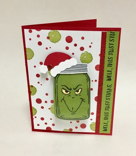 Grinch Projects, Grinch Christmas Cards, Homemade Christmas Card Ideas, Homemade Christmas Card, Mason Jar Cards, Christmas Card Ideas, Homemade Christmas Cards, Stampin Up Christmas Cards, Childrens Christmas