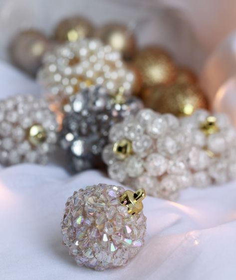 How To Make Sequin Christmas Ornaments, Old Jewelry Ornaments, Diy Sparkly Ornaments, Beaded Holiday Ornaments Diy, Diy Pearl Ornaments, Diy Crystal Ornaments, Jeweled Christmas Ornaments Diy, Pearl Ornaments Diy, Sequin Ornaments Diy Styrofoam Ball