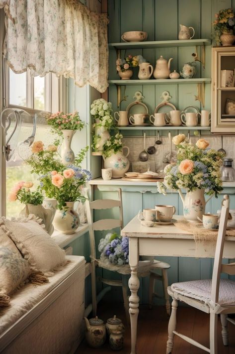 Cottagecore interior exudes cozy charm with floral patterns, rustic wooden furniture, soft pastel hues and vintage accents. Cottagecore Soft Aesthetic Room, Cottagecore Interior Living Room, Cottage Core Colors Pallet, Victorian Cottagecore House Interior, Pastel Farmhouse Decor, Floral House Interior, Cottagecore Aesthetic Living Room Vintage, Boho Cottagecore Decor, Cottagecore Home Decor Living Room