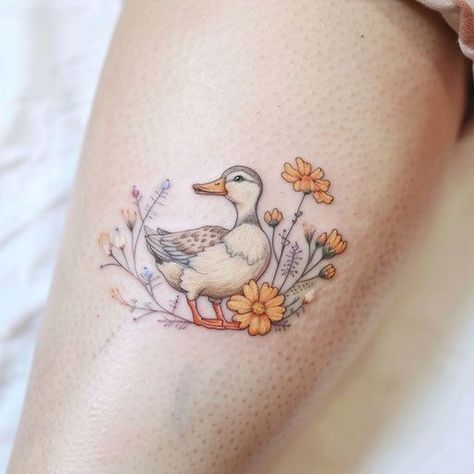 Duck And Bunny Tattoo, Mother Goose Tattoo, Duck And Ducklings Tattoo, Mallard Duck Tattoo, Cute Duck Tattoo, Duckling Tattoo, Duck Tattoo Ideas, Ballet Tattoos, Goose Tattoo