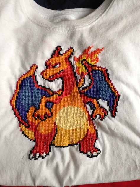 HOW TO: Cross Stitch Shirts - Imgur Cross Stitch On Clothes, Stitch Shirts, Diy Pokemon, Pokemon Cross Stitch Patterns, Stitch Tshirt, Pokemon Cross Stitch, Stitch Clothes, Stitch Shirt, Pixel Pattern