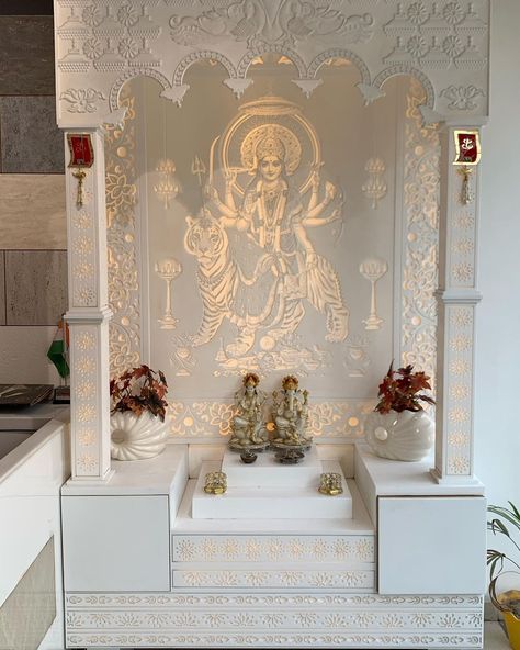 Corian Mandir Design Puja Room, Indian Home Mandir Design, Korean Marble Mandir Designs, Korean Temple Designs For Home, Marble Mandir For Home, Luxurious Mandir Design For Home, Korean Mandir Designs For Home, Mandir Interior Design Puja Room, God Mandir For Home