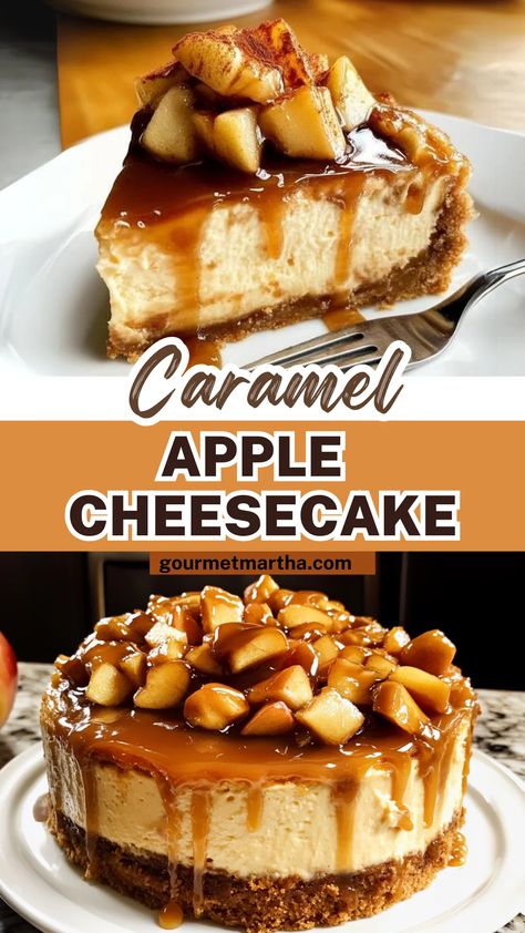 This Caramel Apple Cheesecake is the ultimate fall dessert! With creamy cheesecake, spiced apples, and rich caramel sauce, it's a flavor-packed treat that screams autumn. Whether you're hosting a gathering or treating yourself, this indulgent dessert is a must-try. Unlock the secret to this amazing dish – get the recipe now! #CaramelAppleCheesecake #FallDesserts #CheesecakeRecipe #EasyCheesecake #AppleCheesecake #CaramelDessert #BakingInspiration #AutumnRecipes #SweetTreats #DessertLovers No Bake Apple Cheesecake Bars, Cheesecake With Apple Topping, Carmel Apple Cheesecake No Bake, Fall Inspired Cheesecake, Carmel Apple Cheesecake Bar, No Bake Cheesecake Desserts, Thanksgiving Cheesecakes, Carrot Cheesecake Recipe, Caramel Apple Toppings