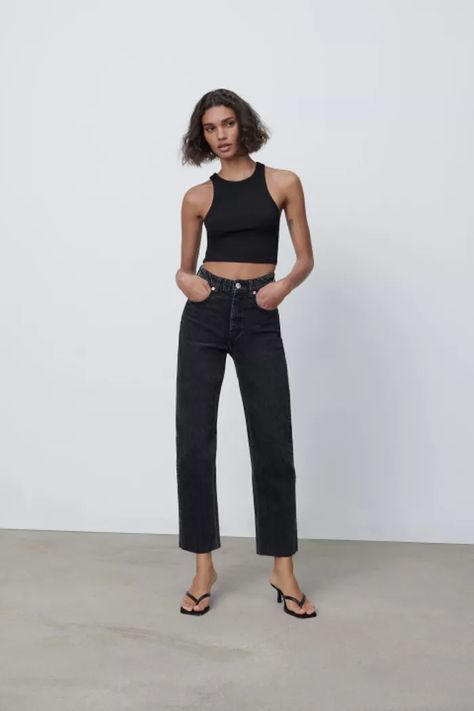 The Best Zara Clothing For Women In Their 20s | Who What Wear Womens Black Jeans, Womens Straight Leg Jeans, High Rise Straight Leg Jeans, Stretch Jumpsuit, Pleated Jumpsuit, Black Jeans Outfit, Black Jeans Women, Jean Straight, Loose Fit Jeans