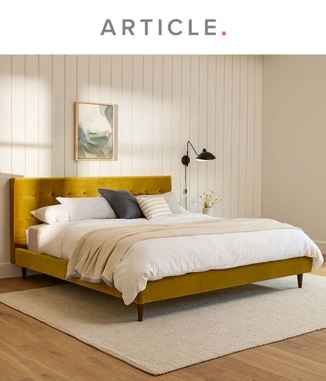 You know the one. Our iconic Sven Bed available in Italian-tanned leather, textured upholstery, and buttery soft velvet. Hard decisions, we know. But your soft landing awaits. Yellow Velvet Bed, King Size Bed Headboard, Sleeping Nook, Mid Century Modern Bed, Mid Century Modern Lamps, Black Sconces, Modern Beds, Hard Decisions, Mid Century Modern Bedroom