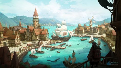 Medieval Port City, Medieval Port, Fantasy Village, Fantasy Town, Hyun Kim, Port City, City Background, Ji Hyun, Building Art