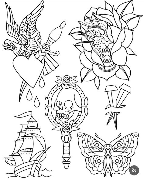 Traditional Tattoo Stencils, Traditional Tattoo Flash Sheets, Traditional Flash, Flash Sheet, Tattoo Flash Sheet, Flash Design, Mythology Tattoos, Old School Tattoo Designs, Small Tattoos For Guys