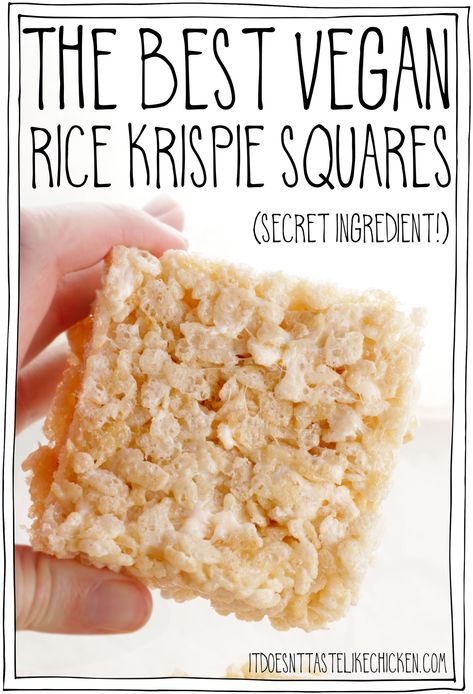 The best vegan rice Krispie squares! Just 10 minutes to whip up and only 6 simple ingredients. I also share with you my super-secret ingredient that makes these vegan rice Krispie treats the absolute hands-down best! Hint: these rice Krispie squares have a very slight birthday cake flavor!! Ooey gooey marshmallow with crispy rice cereal, talk about snack perfection. #itdoesnttastelikechicken #vegandesserts Vegetarian Rice Krispie Treats, Vegetarian Rice Crispy Treats, Rice Krispie Treats Vegan, Vegan Squares And Bars Recipes, Vegan Squares, Vegan Cereal, Vegan Rice Crispy Treats, Vegan Rice Krispie Treats, Aip Cookies