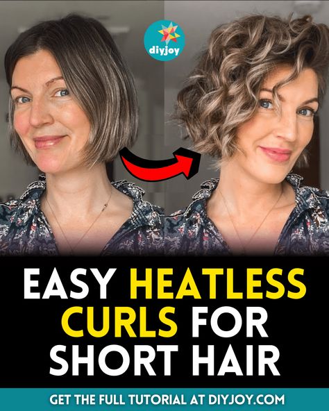 Curl Hair Hacks No Heat, No Heat Bob Hairstyles, Heatless Overnight Curls Short Hair, Curls With Socks Short Hair, No Heat Short Hair Curls, Short Hair Heatless Curls Tutorials, How To Wavy Hair No Heat, How To Use A Waver Iron On Short Hair, Shoulder Length Heatless Curls