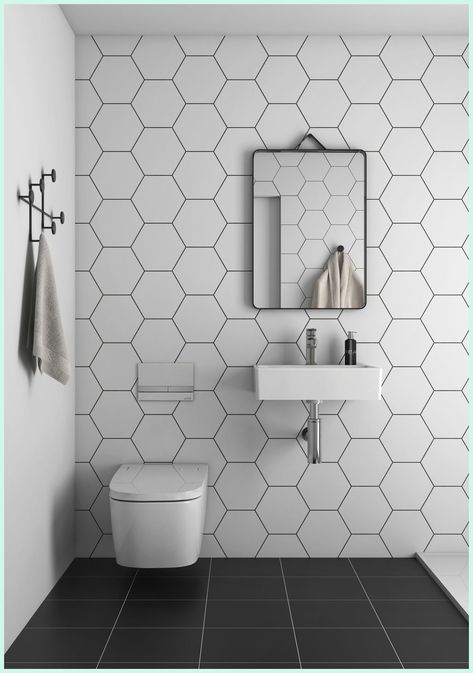 White Hexagon Bathroom, White Hexagon Tile Bathroom, Hexagon Bathroom, Hexagon Tile Bathroom, Vitra Bathrooms, Hexagonal Tiles, Patterned Bathroom Tiles, Trendy Bathroom Tiles, Toilet Tiles