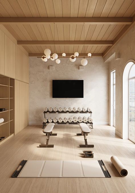 Home Gym Luxury Design, Japandi Home Gym, Basement Exercise Room Ideas, Beautiful Home Gym, Japandi Gym, Home Gym With Sauna, High End Gym, Home Gym Design Luxury, Basement Home Gym